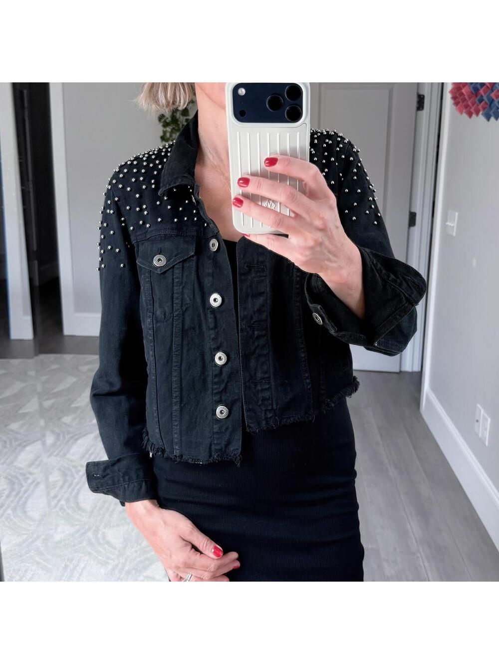 Pistola Black Studded Cropped Denim Jacket Size M